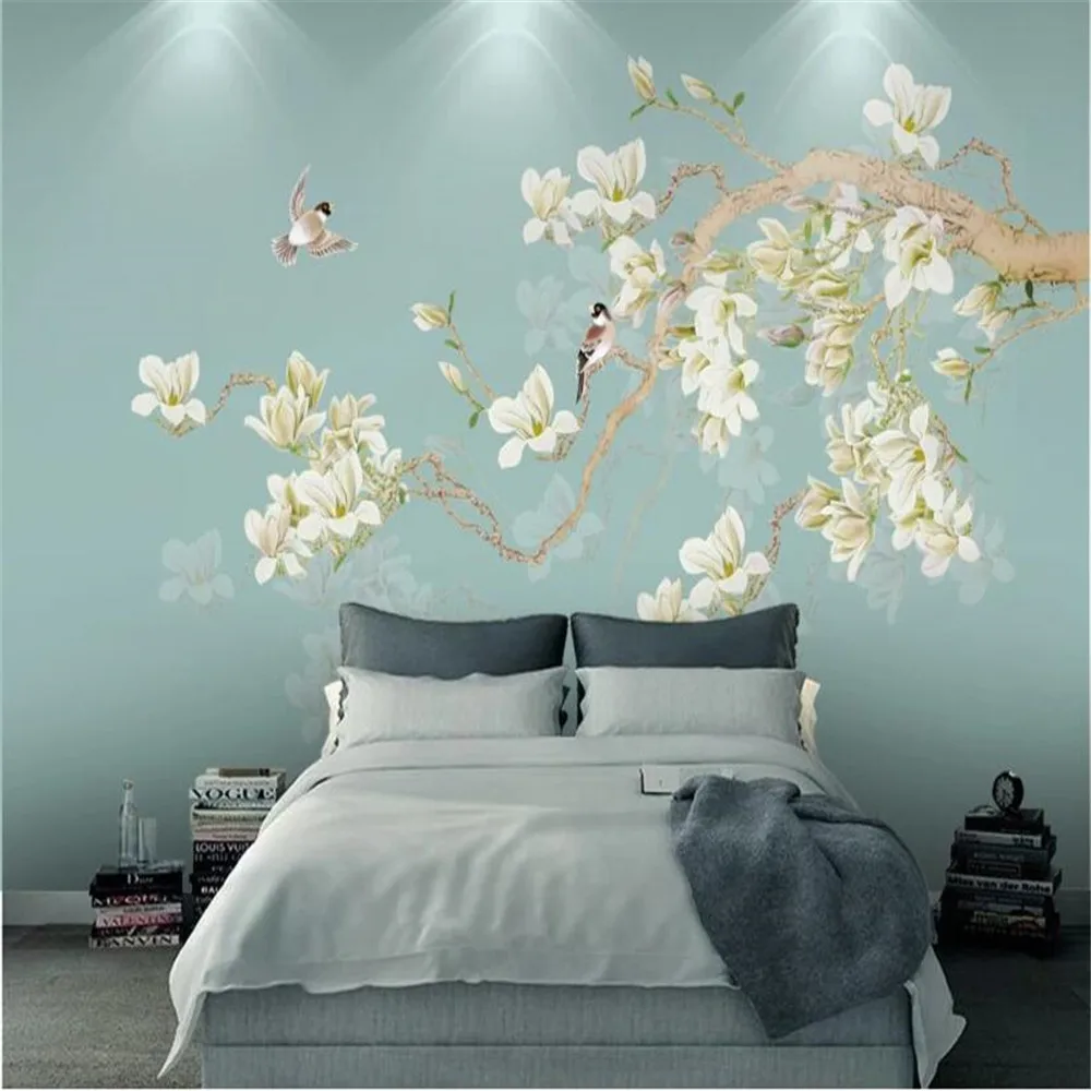 

Milofi custom wall mural 3D printing wallpaper vintage magnolia flower hand-painted flower and bird decorative painting