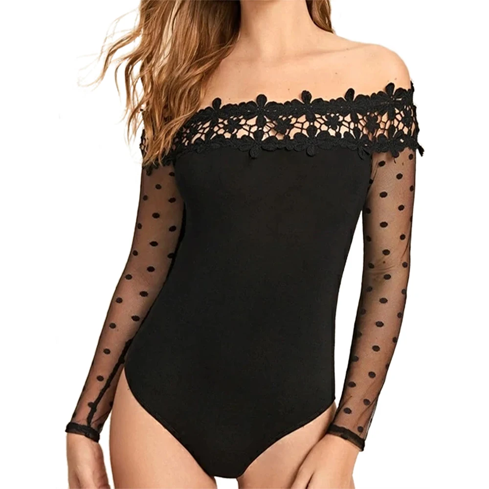 MISSACTIVER Women's Off Shoulder Polka Dot Mesh Long Sleeve Guipure Lace Bodysuit |