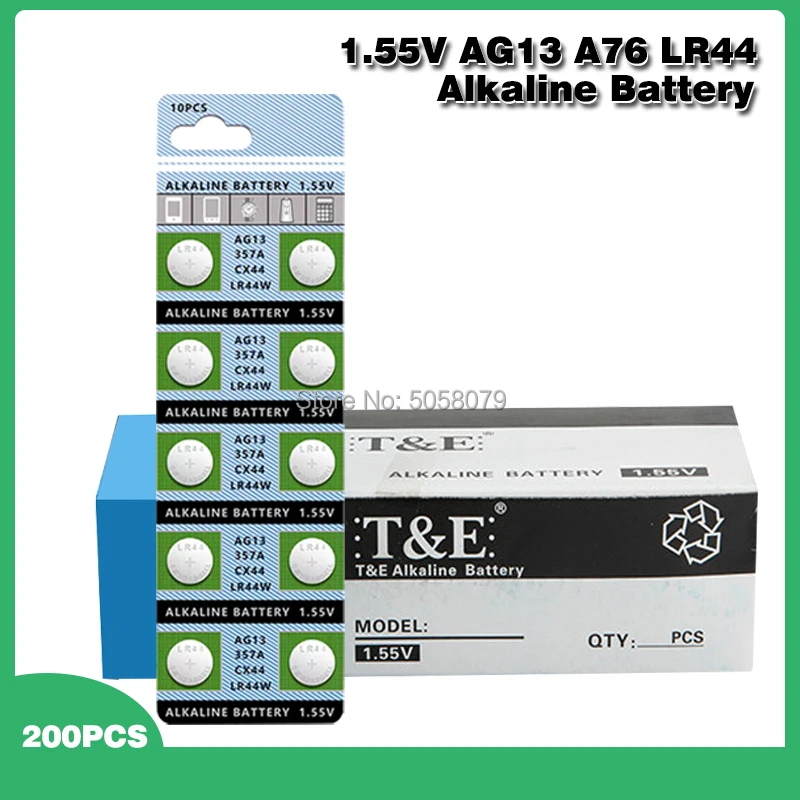 200pcs/card AG13 LR44 LR1154 SR44 A76 357A 303 357 LR44W Battery Coin Cell 1.55V Alkaline For