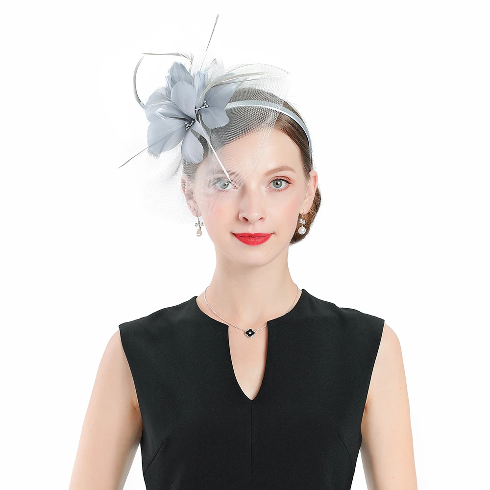 Fascinators Gray Wedding Pillbox Hat For Women Polyester Feather Flower With Veil Fedora Vintage Ladies Church Banquet Party Hat