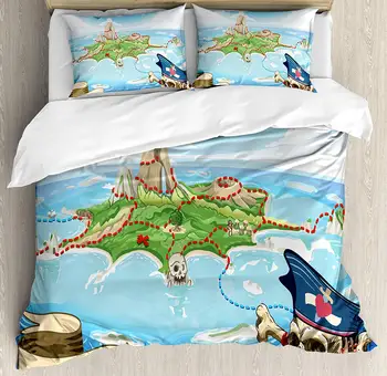 

Island Map Duvet Cover Set Aerial View Fantasy Pirate Cove Island with Crossbones and Captain Skull Decorative 3 Piece Bedding