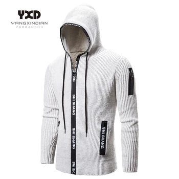 

Mens Clothes Full Zip Knitted Cardigans Mans Off White Knitted Sweater Men Thick Warm Cardigan Man Letter Hooded Outwear Coat