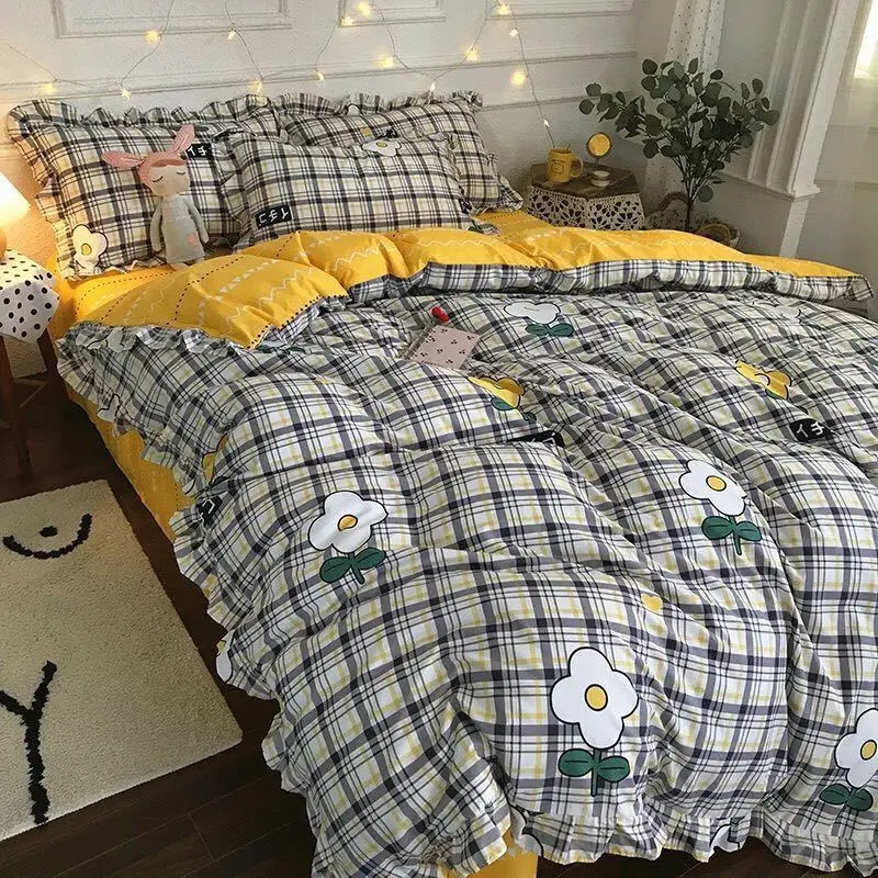 Four-piece set on a lotus leaf bed Korean style fragrant taro purple grid soft small fragrant style bed sheet three-piece set 