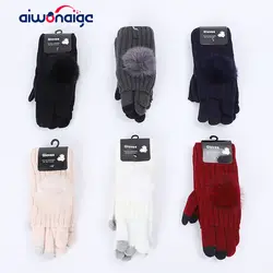 2019 женские зимние перчатки с помпонами, универсальные, двойные, вязаные перчатки, женские двухслойные, с сенсорным экраном, однотонные