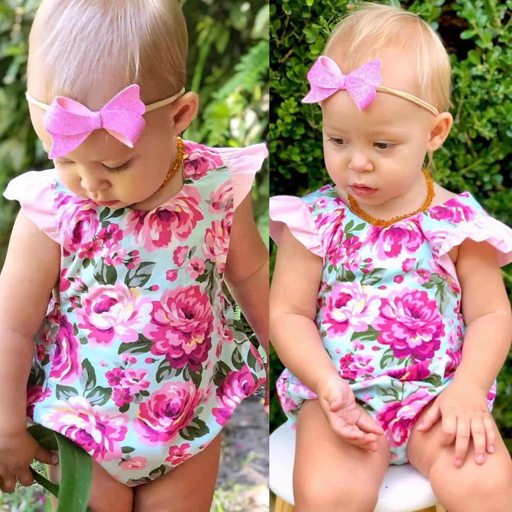 Летняя униформа-Комбинезон розовый с цветочным принтом, хлопковый передний головной убор без рукавов для новорожденных девочек, Детский комбинезон для малышей от 0 до 18 месяцев