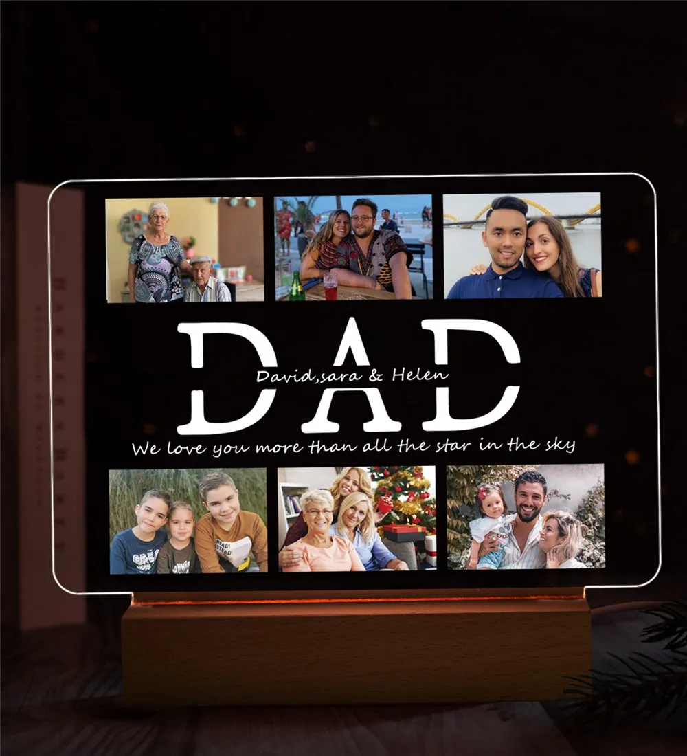 glass wall lights Personalized Love DAD LED USB Night Light Custom 6 Photos&Text Acrylic 3D Lamp for Father's Day Birthday Gift Room Decoration the range wall lights