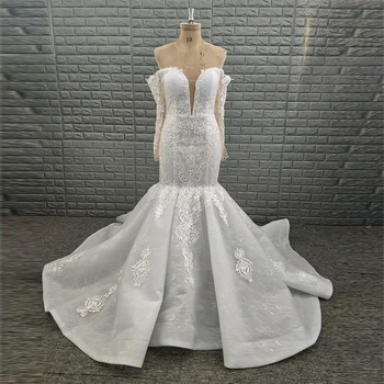 

Modern Illusion Off Shoulder Long Sleeve Plus Size Bridal Gown Wedding Dress Lace