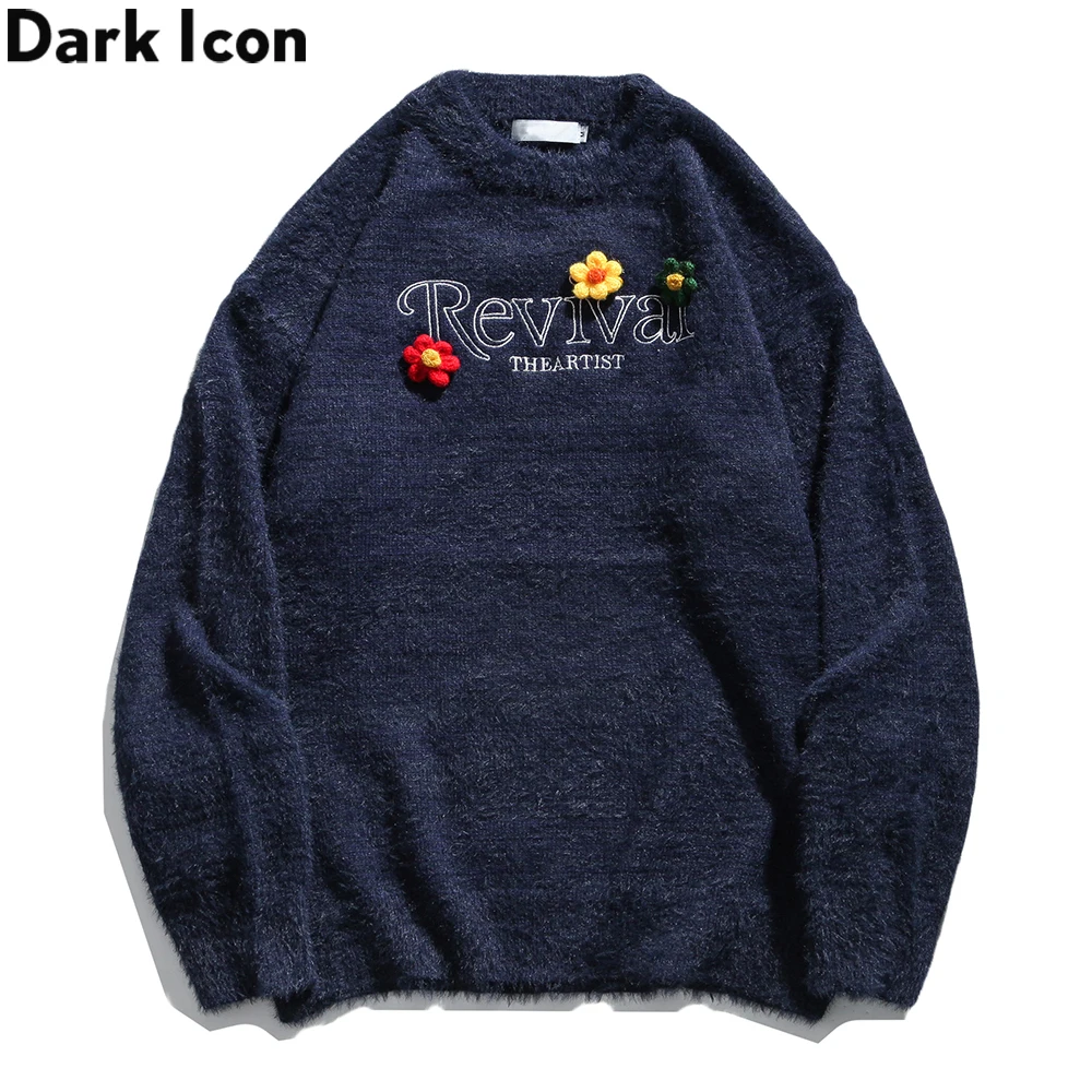 

Dark Icon Floral Letters Embroidery Sweater Men Women Crew Neck Crop Top Knitwear Sweaters
