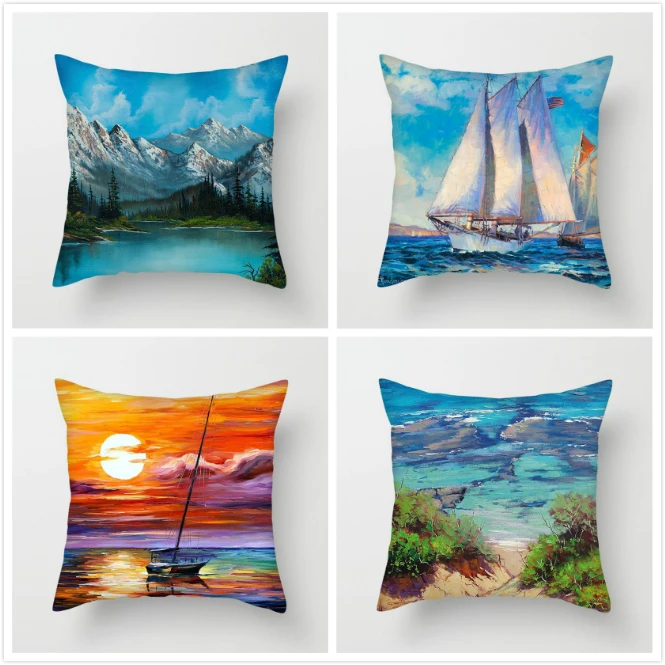 

Fuwatacchi Sunflower Sailing Landscape Pillow Cover Landscape Painting Cushion Cover for Home Car Chair Decor Pillowcases 2019