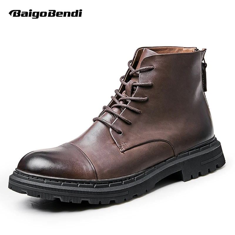 Botas de trabajo de punta redonda para hombre, zapatos informales con cordones y cremallera, estilo Retro, la moda, color café, talla estadounidense 6, 7, 8, 9, 10| | - AliExpress