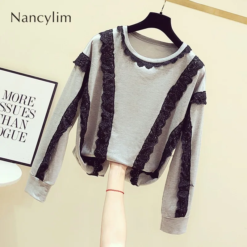 

Grey Hoodie Women Streetwear Pull Coats 2019 Autumn New Korean Fashion Lace Stitching Crew Neck Long Sleeve Casual Joker Jacket