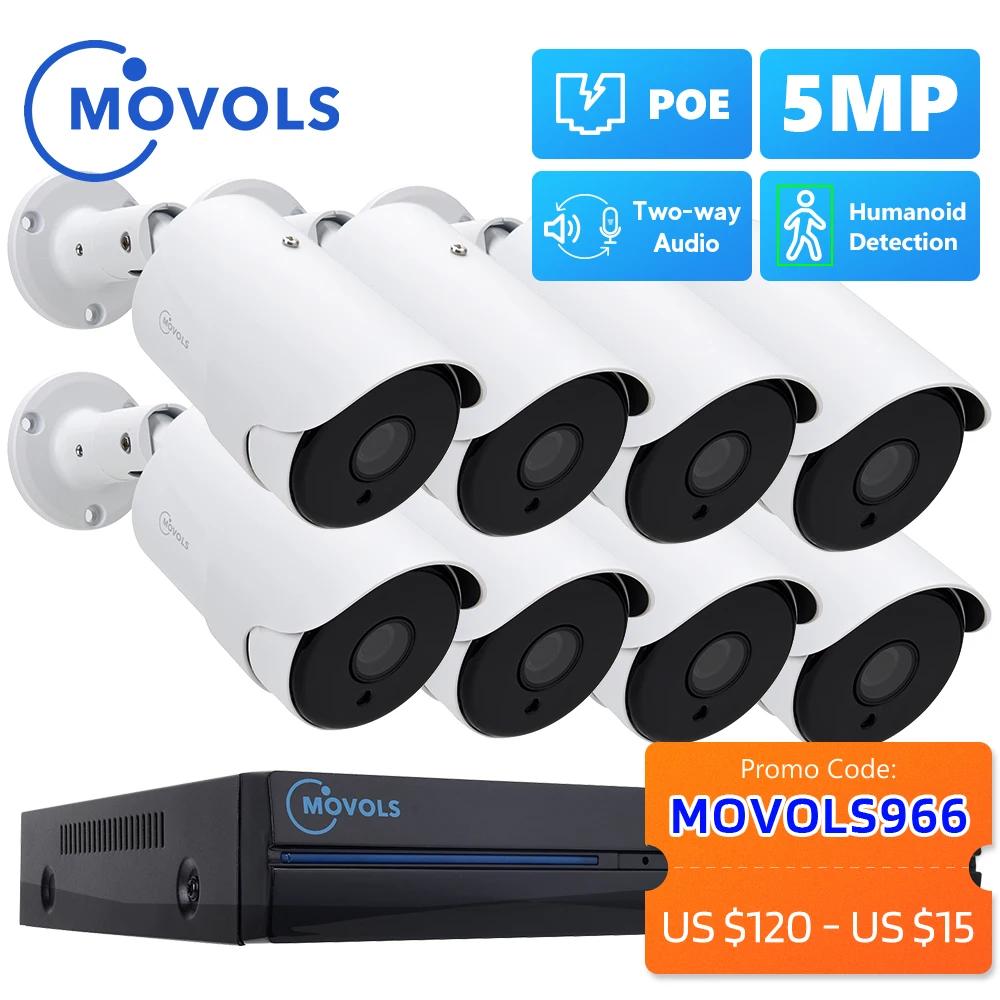 MOVOLS 8CH 5MP POE AI cámara CCTV Kit de sistema de seguridad de dos vías de Audio al aire libre 5MP cámara IP H.265 P2P Video Vigilancia Conjunto NVR