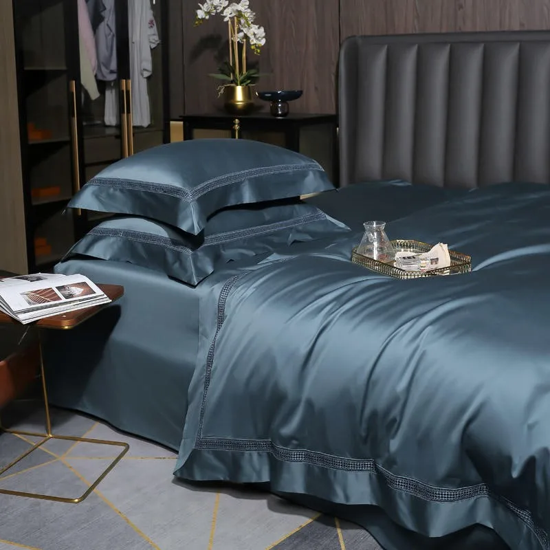 4Pcs 1000TC Premium Quality Egyptian Cotton Grayish Blue Bedding set 1Duvet Cover 1Bed Sheet 2Pillow shams Silky Soft Easy Care 6