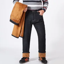 Качественные хлопковые зимние джинсы мужские черные облегающие Стрейчевые плотные бархатные брюки теплые джинсовые повседневные флисовые брюки мужские размера плюс 5XL