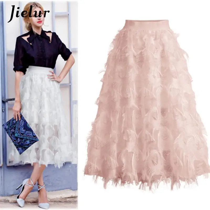 

Jielur Elegant Skirt Women Furry Mesh A-Line High Waist Korea Skirts Female Spring Summer Fashion Sweet Chic Vestidos Mujer