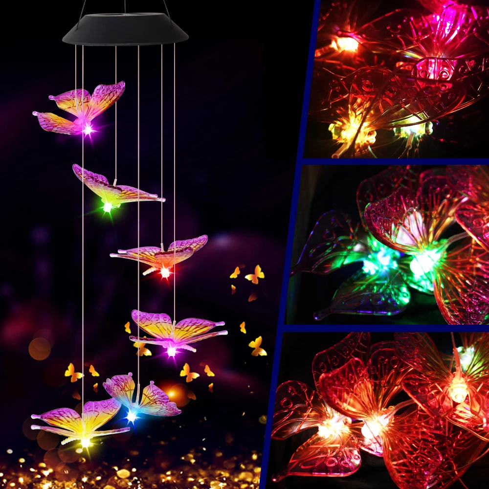 

3 Kinds Outdoors Solar Powered Butterfly LED Changing Spiral Wind Chime Color Light Home Garden Yard Decor Light Garden Light