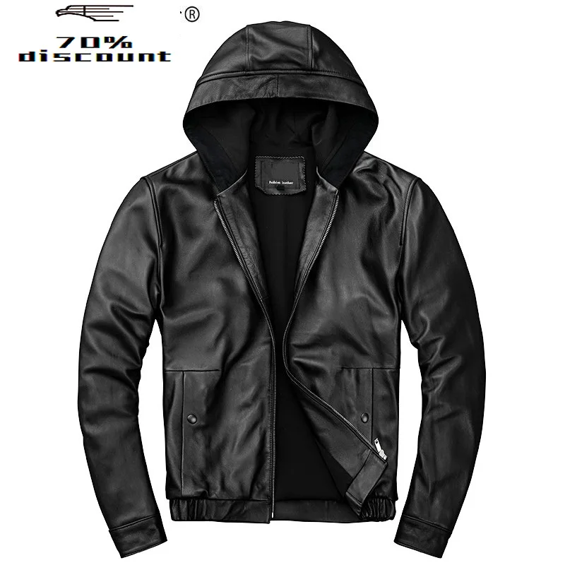 

Real Genuine Leather Jacket Men Hooded 200% Sheepskin Coat Short Spring Autumn Plus Size Men's Leather Jackets KJ2905