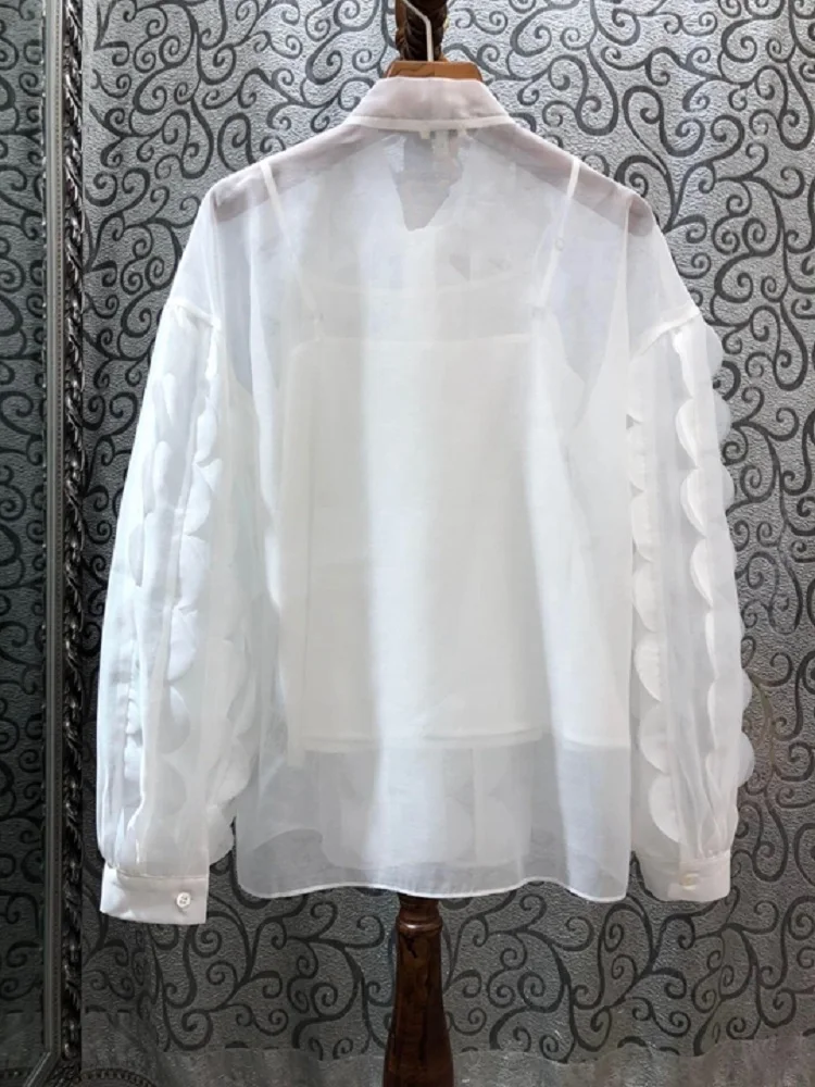  High Quality Runway Blouse Shirts 2020 Spring Summer White Rose Red Tops Shirt Women Wave Cut Ruffl