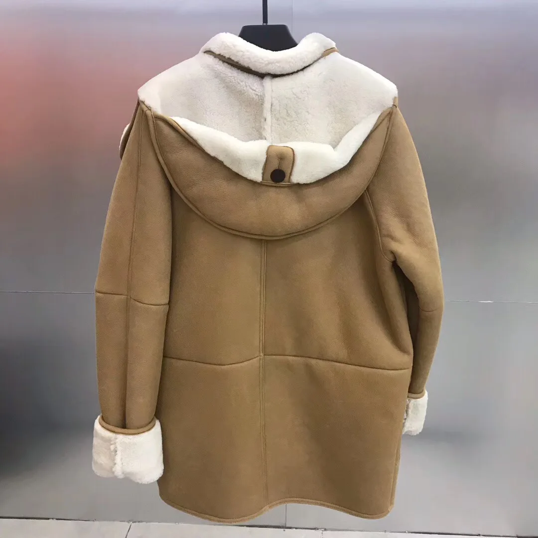 Женская куртка из натуральной кожи размера плюс, пальто из натурального мериносового овечьего меха, женское длинное пальто с капюшоном, модное женское пальто