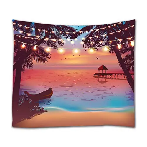 

Ocean Seaside at Sunset Evening with Color Light Design Tapestries Wall Hanging