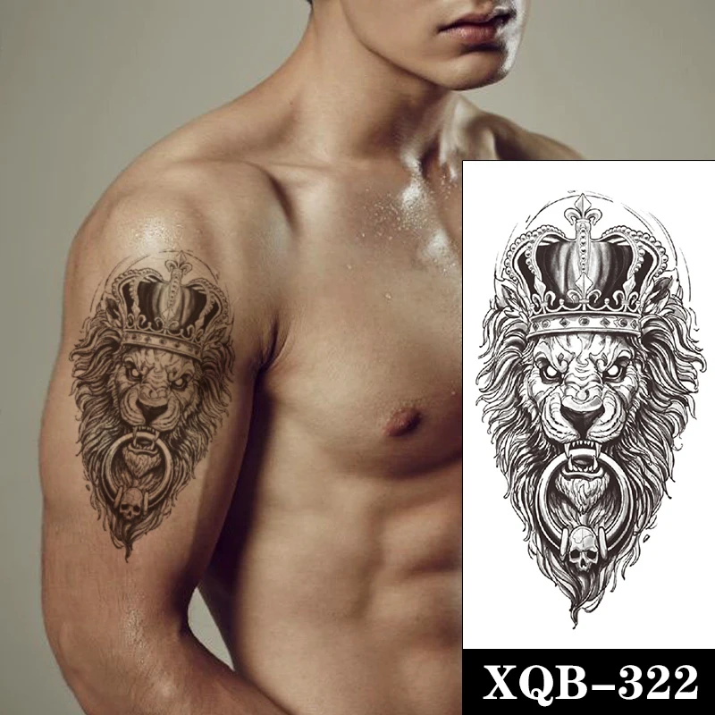 

Temporary Tattoo Stickers Black Lion King Crown Skull Totem Design Fake Tattoos Waterproof Tatoos Arm Large Size for Women Men