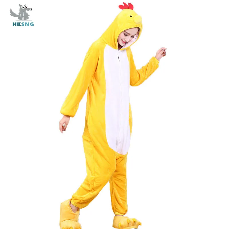 HKSNG Adult Onesie Chicken Kigurumi Pajamas Animal Chick Loose Long Sleeve Jumpsuit Funny Cute Party Suit Flannel Warm
