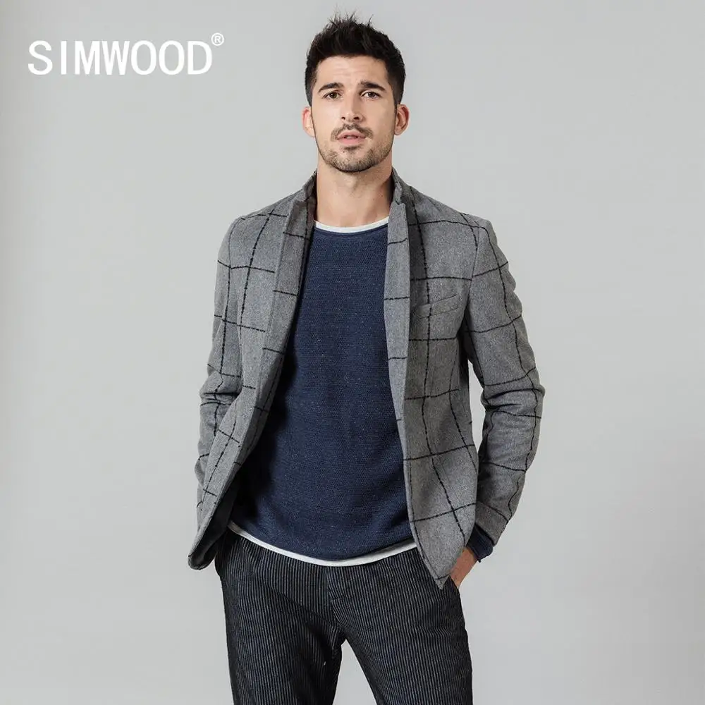 SIMWOOD осень зима новые повседневные блейзеры мужские модные клетчатые костюмы пиджак из смеси шерсти клетчатые пальто размера плюс верхняя одежда SI980660