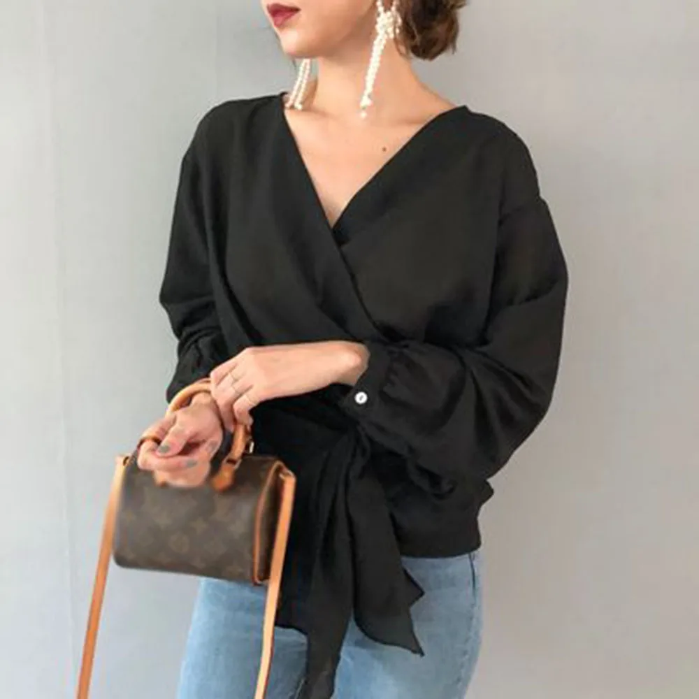 

Autumn Sashes Shirts Women 2019 Loose Plain Sexy V-Neck Belted Blouse Elegant Korean Chic Causal Style Asymmetrical Tops Black