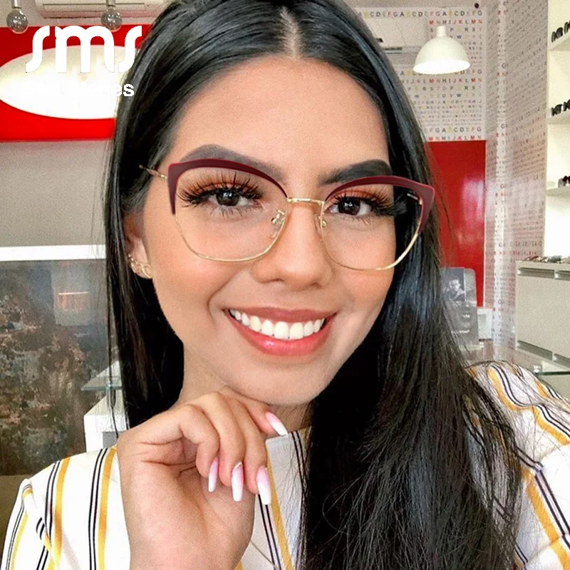 

New Cat Eye Metal Flat Mirror Women 2019 Luxury Brand Designer Optical Clear Lens Unique Legs Retro Glasses Frame Myopia Oculos