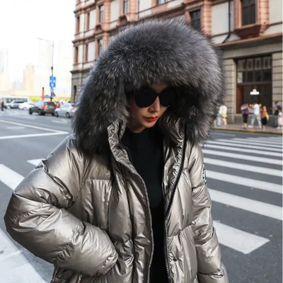 Gray Gray Fur Пуховик женщина зима ГОРЯЧЕЕ Яркое лицо сбольшим меховым воротником капюшоном Теплый свободный длинный белый пуховик - Цвет: Gray Gray Fur
