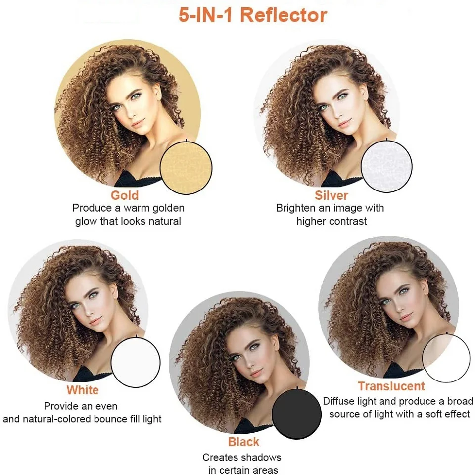 24" 60cm 5in1 Reflector Photography Collapsible Portable Light Diffuser Round Multi Color Silvery Black