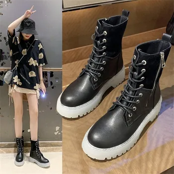 

British Style Women Boot Motorcycle Boots Autumn Winter Women Shoes Lace Up Thick bottom Ankle Boots Ladies Footwear Botas Mujer