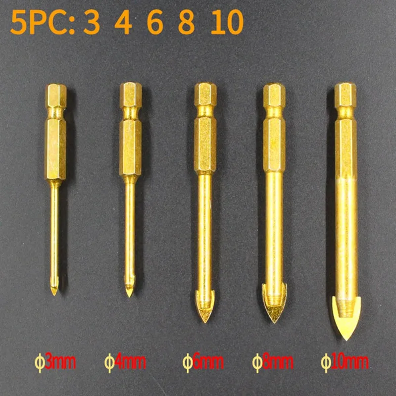 

5Pcs 3-10mm Glass Drill Bit Set Tungsten Carbide Tipped Ceramic Tile Cutter with Hex Shank Triangle Hole Drill for Power Tools