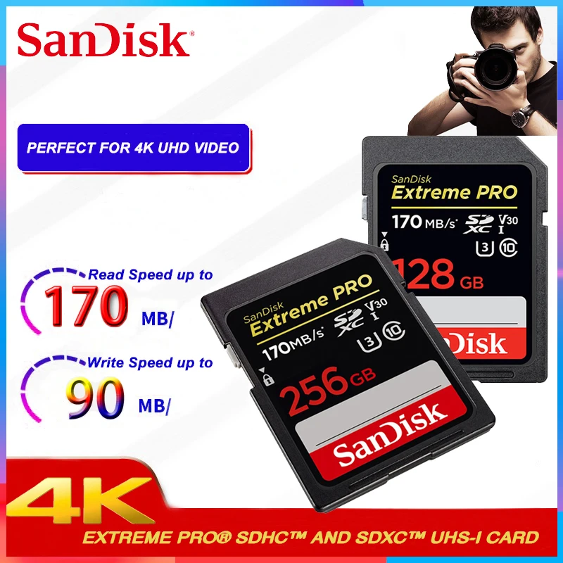 

SanDisk Extreme PRO SD card 256gb 128gb SDXH read up to 170MB/s memory card 64gb 32gb read up to 95MB/s U3 V30 4K for SLR camera