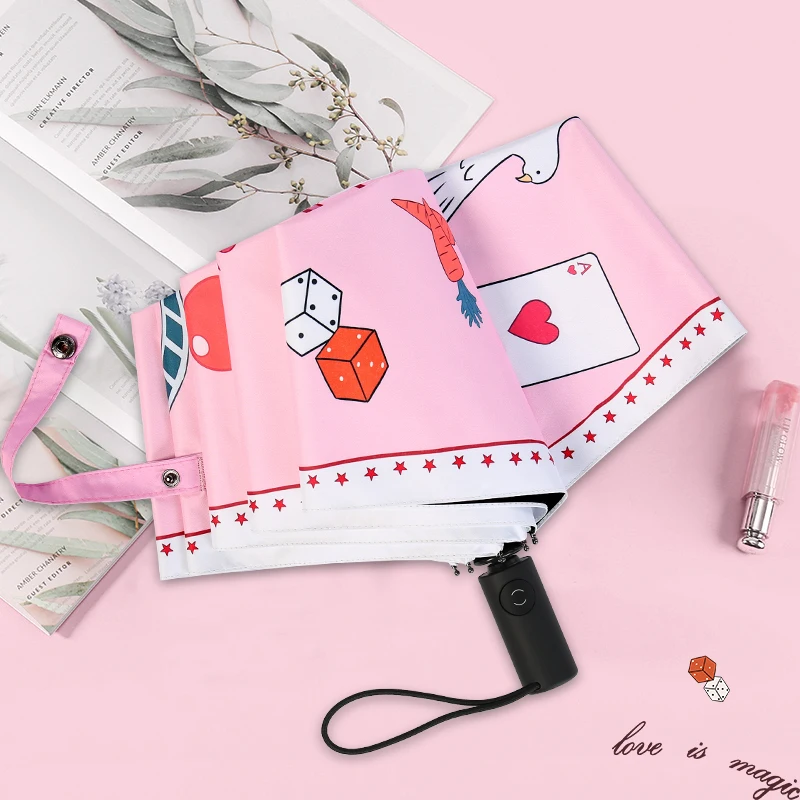 Cute Automatic 3 Fold Umbrella Women Cartoon Folding Uv Protection Rain Sun Umbrella Black Coating Sombrilla Rain Gear MM60YS