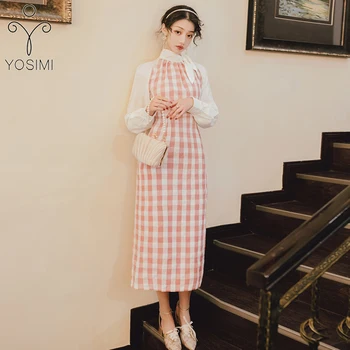 

YOSIMI Long Dress 2020 Summer Pink Plaid Bow Neck Women Dress Full Sleeve Vintage Office Lady Straight Mid-calf Elegant Dresses