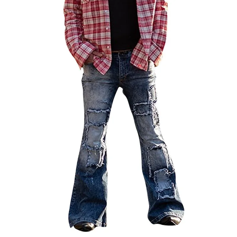 Men Flared baggy Jeans Bootcut Leg Pants Distressed Patchwork Jeans New Designer Punk Stlye Bell Bottom Denim Trousers