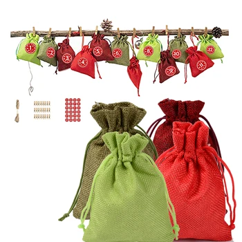

24pcs 10 x 14cm Christmas 4-color Candy Linen Drawstring Bag Christmas Advent Hanging Bag with 24pcs Merry Christmas Labels