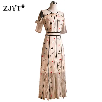 

Runway Designer Summer Long Dress Women 2020 New Elegant Short Sleeve Embroidery Mesh Dress Sexy Party Vestidos Lady