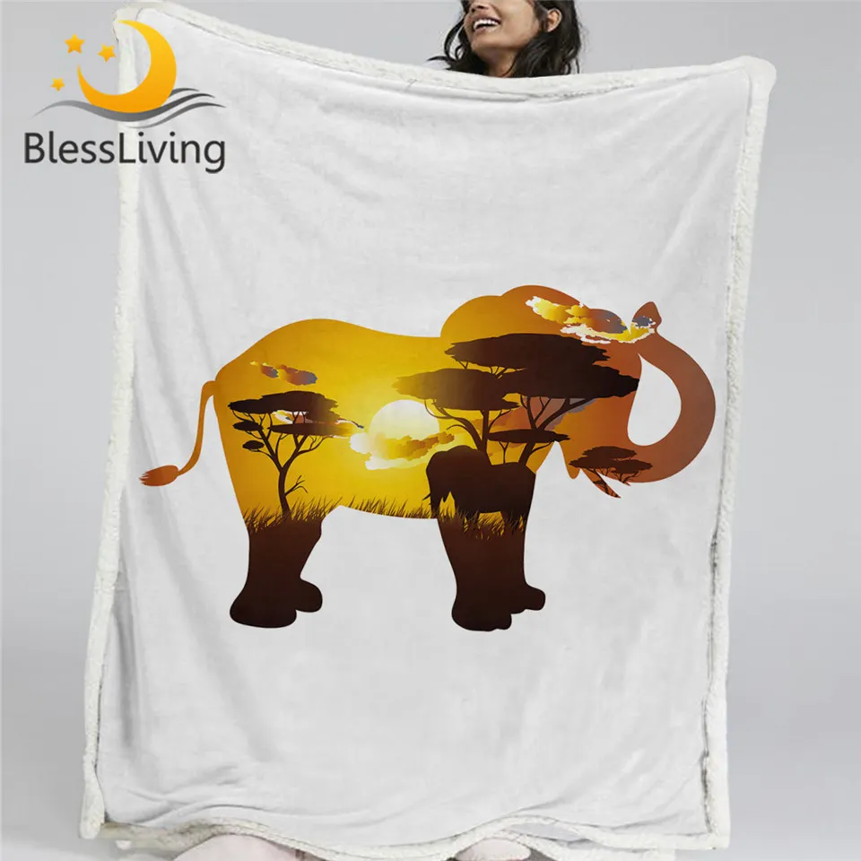 

BlessLiving Elephant Sherpa Fleece Blanket 3D Print African Grassland Plush Bedspread Animal Bedding Cozy Thin Quilt Cute Koce