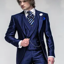 Темно-синий приталенный смокинг для жениха, пиковый нагрудный мужской свадебный костюм на одной пуговице, отличный мужской костюм(пиджак+ брюки+ жилет