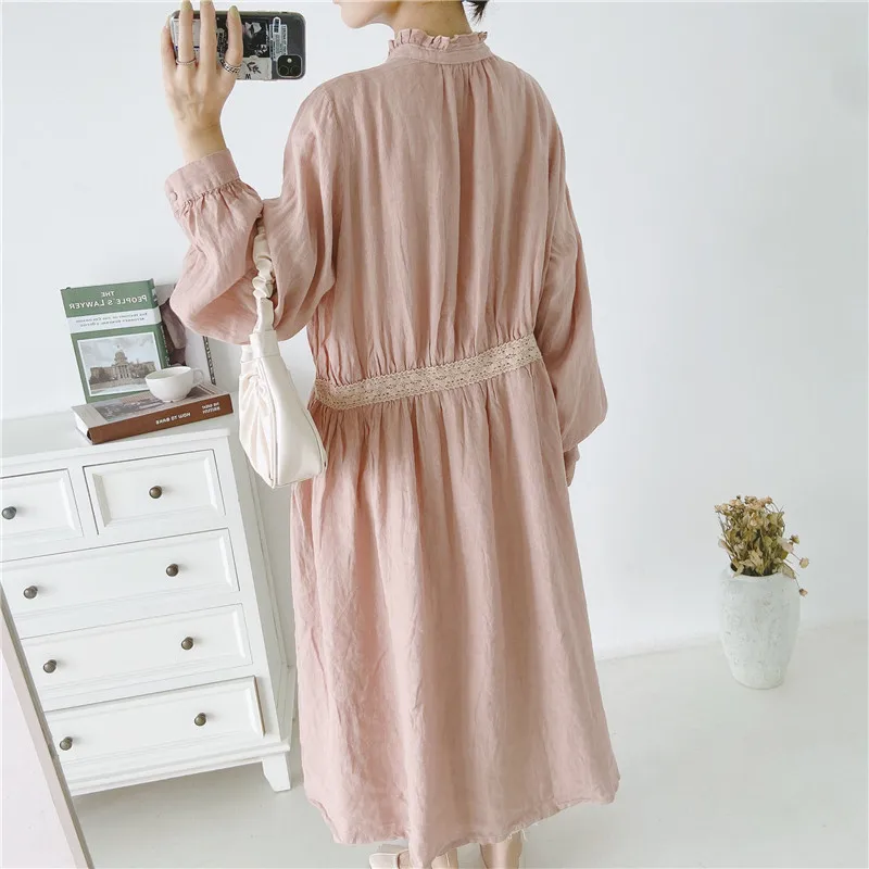 Johnature 2020 New Vintage Linen Embroidery Long