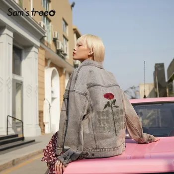 

SAM'S TREE Gray Solid Rose Embroidery Cowboy Oversive Coat Women 2020 Winter Single Button Long Sleeve Romantic Ladies Outwears