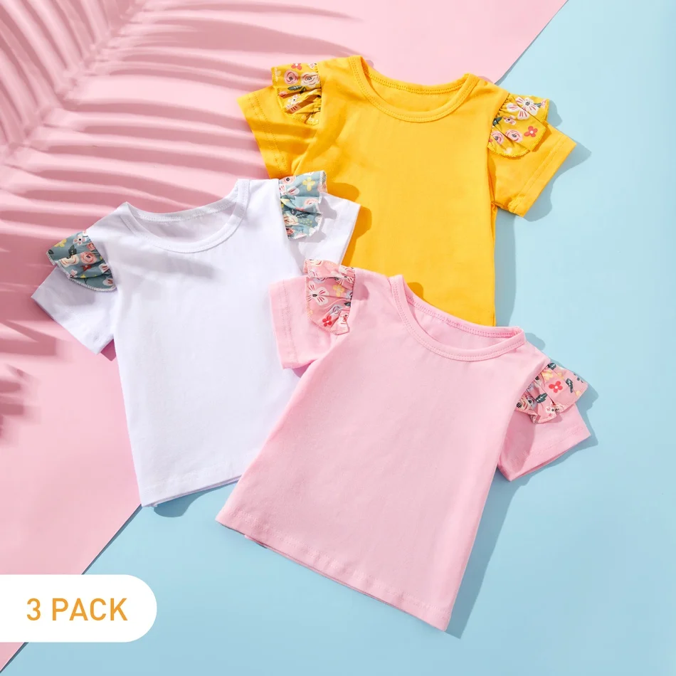 624M Summer 3Pcs Baby Girl Tshirt Solid Cotton Fluttersleeve Tee for