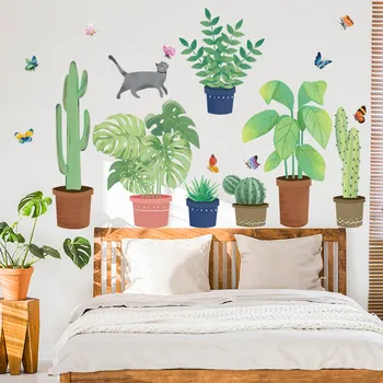 

Tropical Plants Green Leaves Wall Stickers DIY Cactus Bonsai Window Stickers Mural Decals for Living Room Bedroom Home Decor