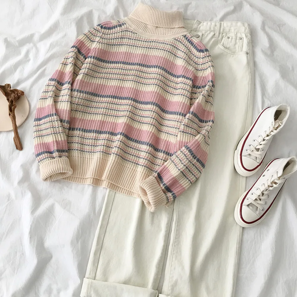 

Autumn Casual Pant Set Women Striped Long Sleeve Oversize Loose Sweater + White High Waist Denim Cowboy Trousers Matching Set