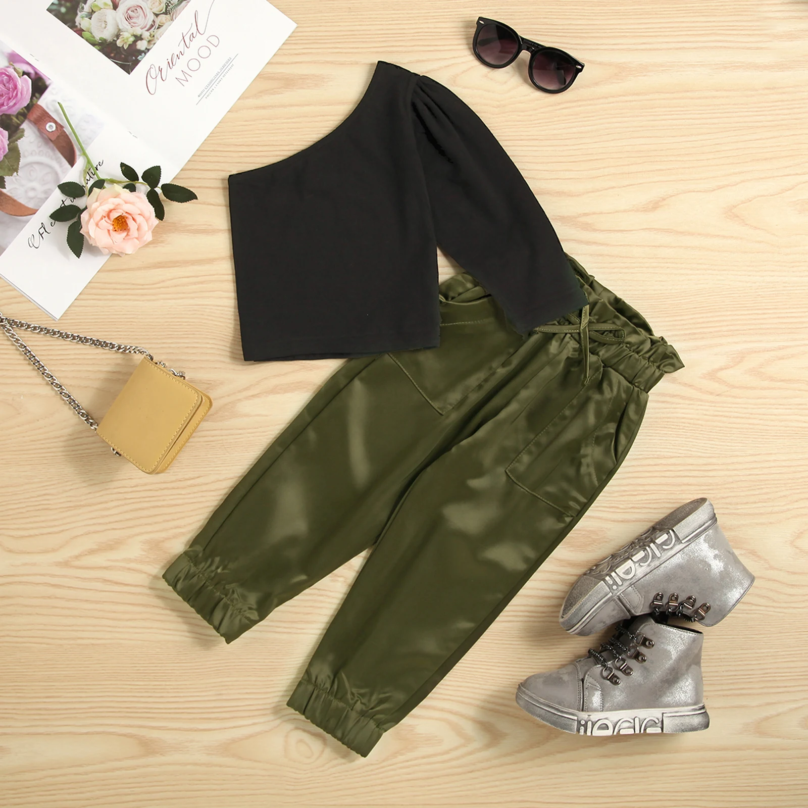 Kids Girls Fashion Clothes Sets One Shoulder Long Sleeve T-shirt + Pocket Loose Pants Summer Autumn Children Outfits kids clothing set girls clothing set