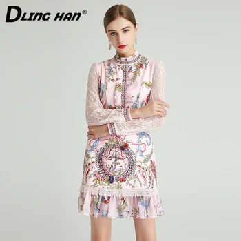 

DLINGHAN Fashion Floral Print Mermaid Dress Women's Lace Long Sleeve Ruffles Stand Collar Dresses Designer Spring New
