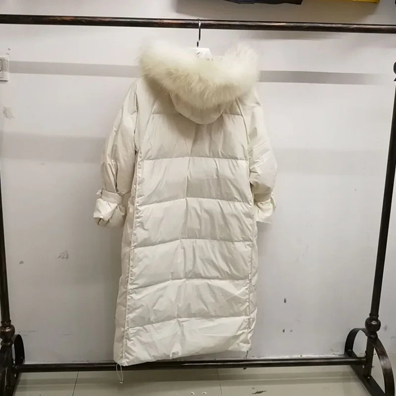 Зима, стиль, Южная Корея, дундэмун, гусиный пух, длинная, выше колена, модная, толстая, с большим меховым воротником, пуховик для женщин
