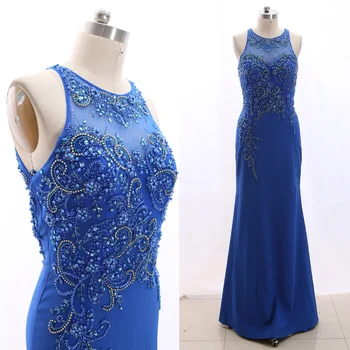

MACloth Blue A-Line Halter Floor-Length Long Crystal Tulle Prom Dresses Dress M 266027 Clearance